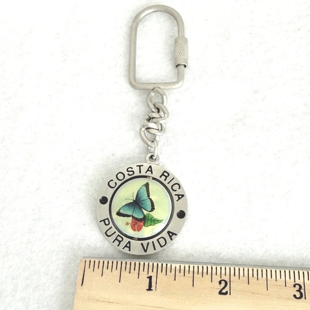 Costa Rica Pura Vida Keychain Adult OS Silver Blue Morpho Butterfly Spinning